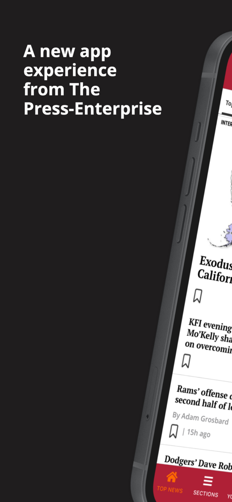 A smartphone displaying the news feed and local sports headlines in The Press Enterprise app.