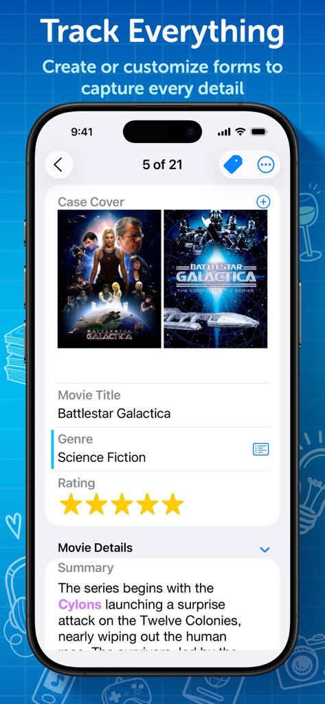 Formulário de base de dados personalizável no iPhone mostrando uma entrada de coleção de filmes com imagens e classificações por estrelas