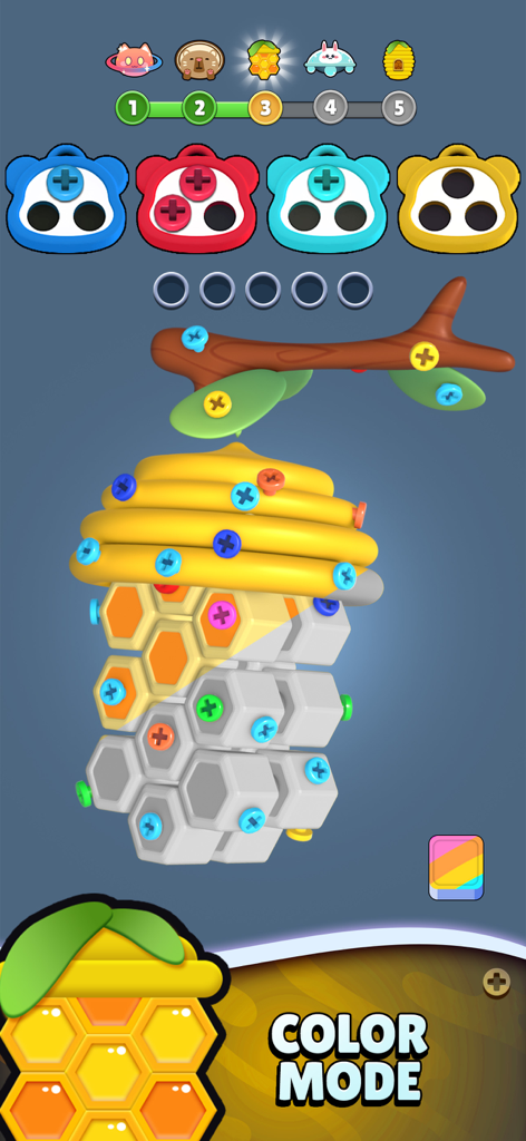 Color Bolts Sort gameplay screenshot showing a 3D honeycomb puzzle with colored screws and panda sorting bins