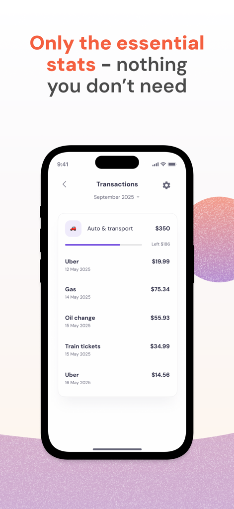 AI Expense Tracker - Vossa - Una pantalla de historial de transacciones en la aplicación Vossa que muestra una lista de gastos de transporte y el presupuesto restante