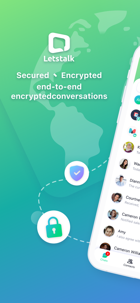 Letstalk IM - Letstalk IM app screen promoting secured and end-to-end encrypted global conversations with a chat list