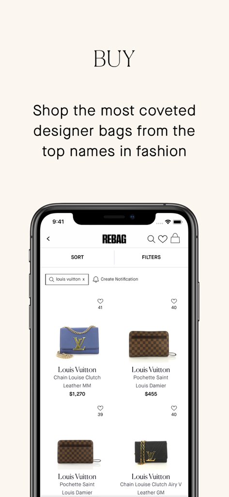 Rebag - Interfaz de la aplicación Rebag que muestra una colección de bolsos de diseño de Louis Vuitton a la venta.
