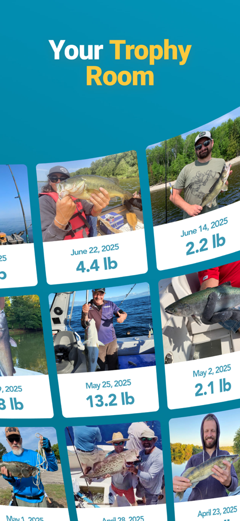 Persönliche Angel-Galerie in der Fishbox-App, die Fangfotos mit Gewichten und Daten anzeigt