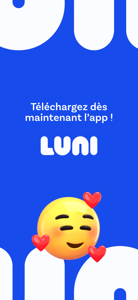 Luni - Quiz quotidien - Luni app download screen featuring a happy smiling emoji with hearts on a blue background
