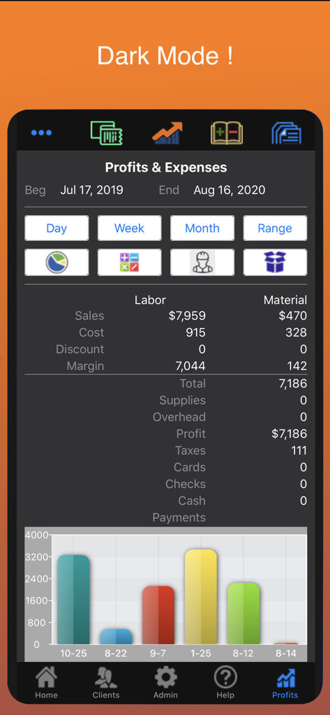 Plumber app profits and expenses dashboard in dark mode