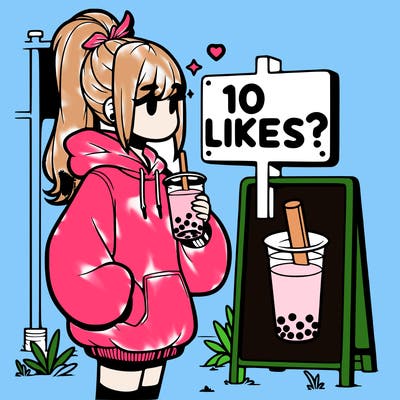 girl with oversized hoodie drinking boba and she has a high ponytail with a sign that says 10likes?