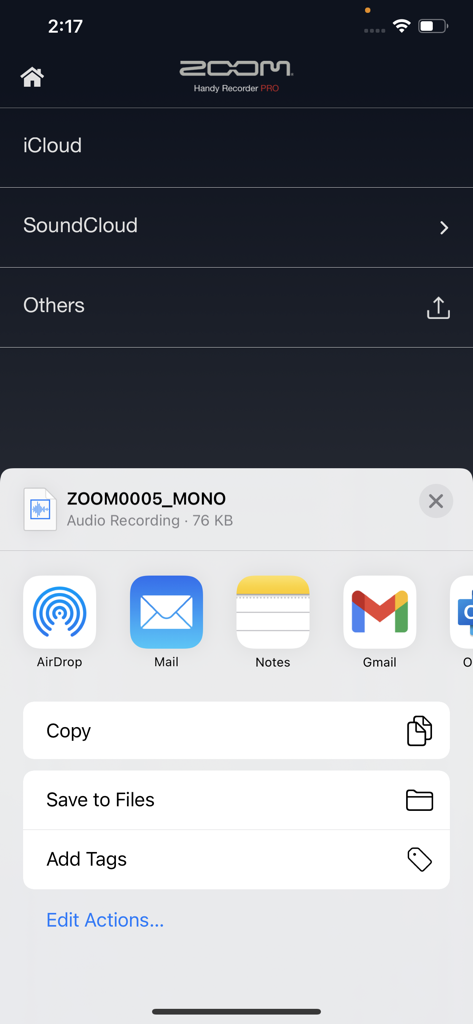 Handy Recorder PRO - Handy Recorder PRO app showing file export and sharing options to iCloud SoundCloud and iOS apps