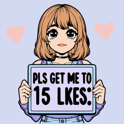 realistic girl holding up a sign that says “pls get me to 15 likes!”