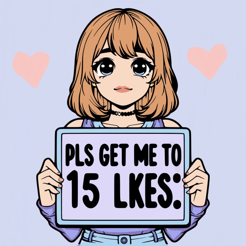 realistic girl holding up a sign that says “pls get me to 15 likes!”