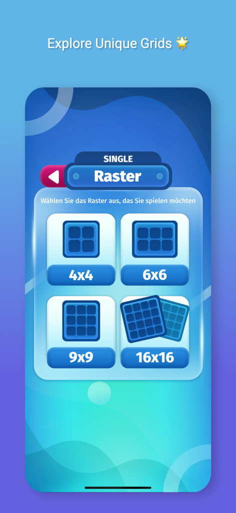 Tela de opções do aplicativo Sudoku Up mostrando a escolha de tamanhos de grade de 4x4 a 16x16