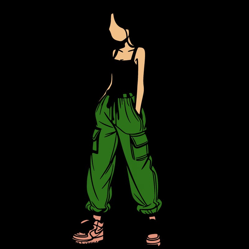 girl in baggy pants crop top and long hair