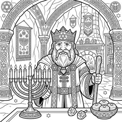 Journey to a fantastical mountain hall and join a regal Dwarf King as he celebrates the joyous festival of Hanukkah. This intricate coloring page features traditional symbols like menorahs and dreidels, promising a delightful creative experience.