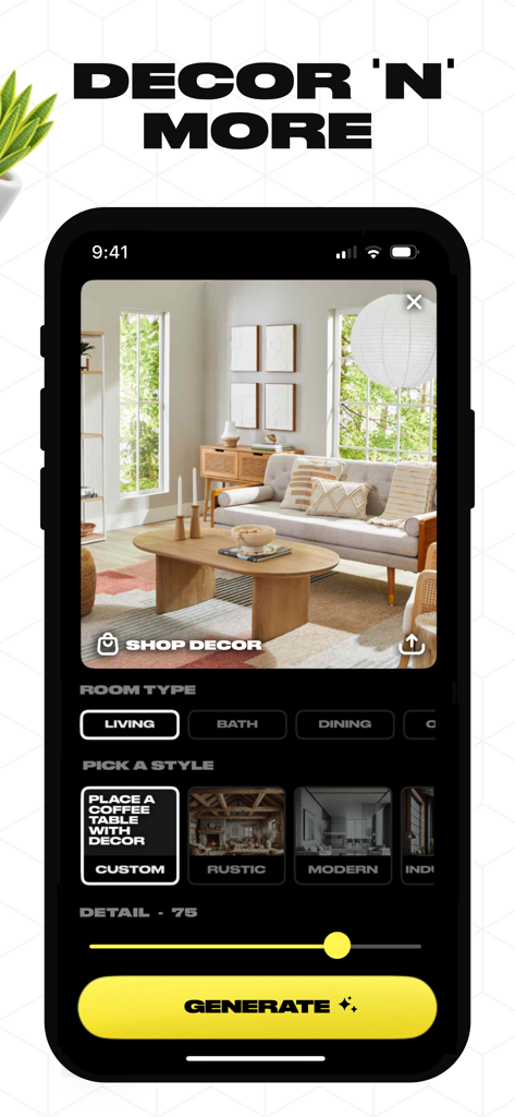 Interfaz de la aplicación móvil Home.AI que muestra un diseño de sala de estar generado por IA con decoración comprable y opciones de estilo personalizadas