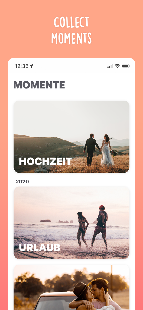 Happy Love - The couple app - A mobile app interface titled Moments showing a digital scrapbook with photos of a wedding and a vacation for a couple.