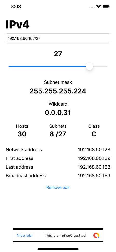 IP Subnet Calc app interface showing IPv4 subnet calculations with a CIDR slider and network details