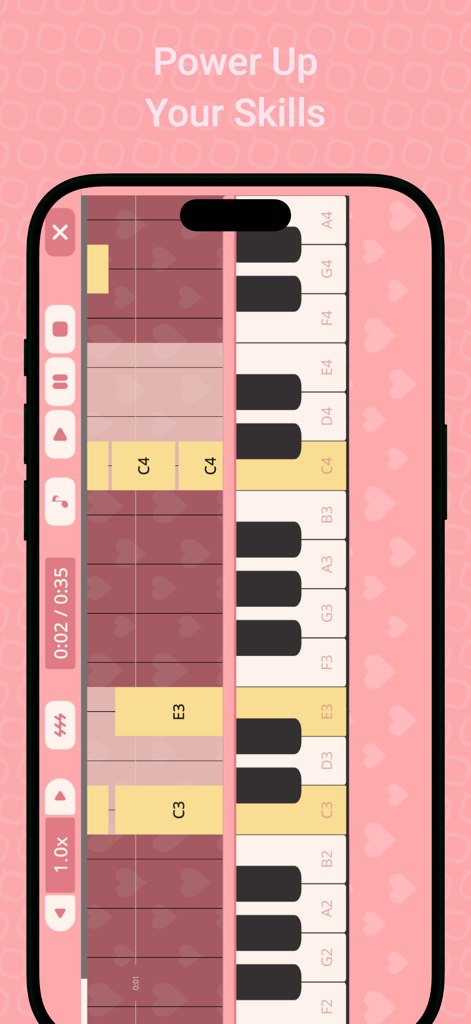 Pink piano app interface showing the tiles guide feature with falling notes to help users learn a song.