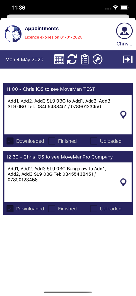MoveMan Mobile app appointments screen displaying scheduled removal surveys with times and locations