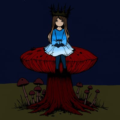 realistic girl sitting on a huge tree stump size toadstool with thorn crown