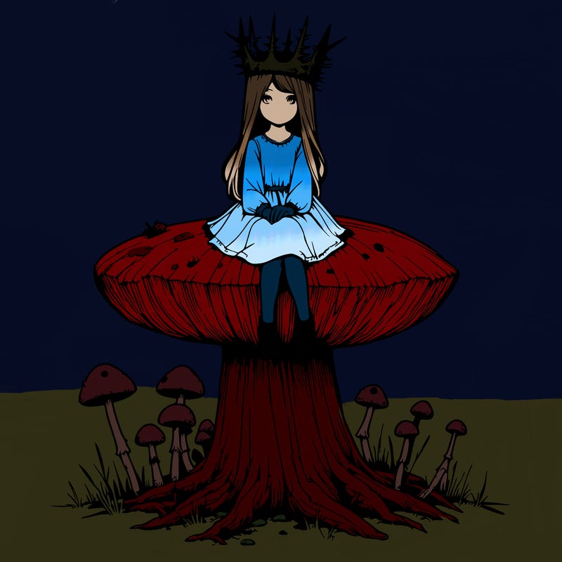 realistic girl sitting on a huge tree stump size toadstool with thorn crown