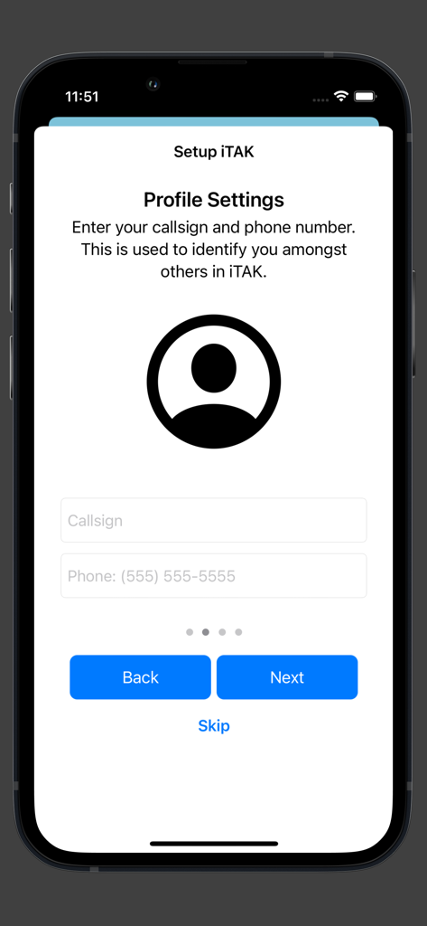 iTAK - Setup screen for iTAK profile settings showing fields for callsign and phone number