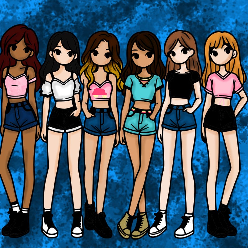 a group of girls wearing crop tops and shorts