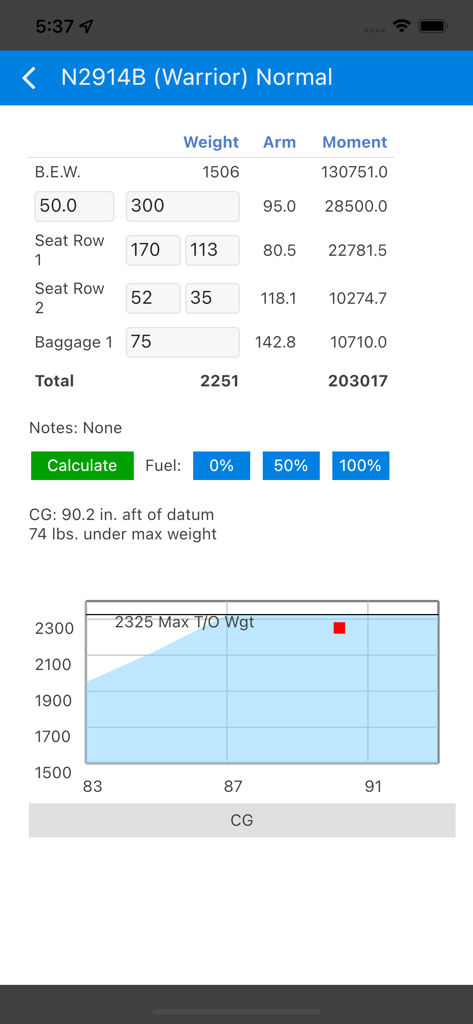 ZuluLog Pilot Logbook and EFB - Aircraft weight and balance calculation screen in ZuluLog app showing a CG envelope graph
