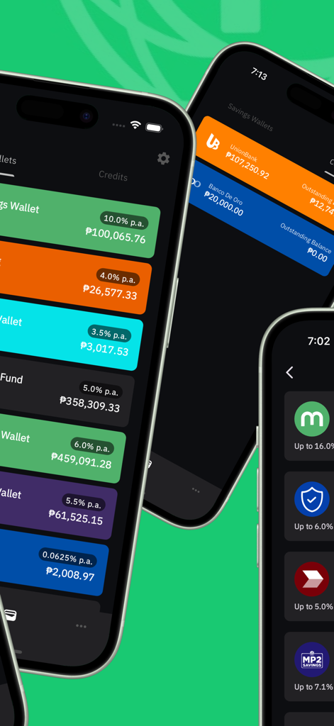 Mobile screens of Finnest App displaying savings wallets and simulated interest rates for various banks