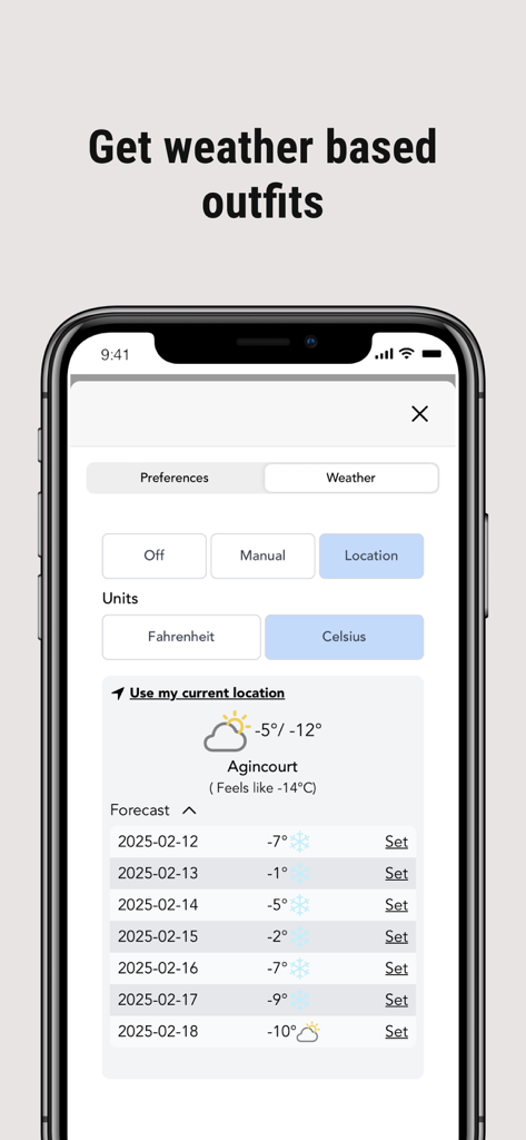 Twelve70: Outfit Generator - Twelve70 app interface showing weather settings and a daily temperature forecast for automated outfit recommendations.