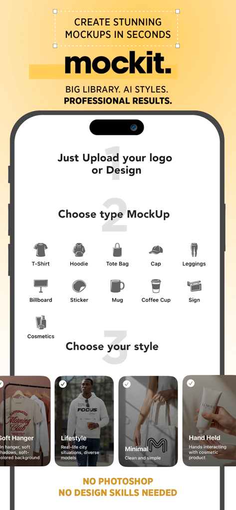 Mockit - AI Mockup Maker - Interface of Mockit app showing a three-step process to upload a logo, select a mockup type such as apparel or billboards, and choose an AI style for professional results.
