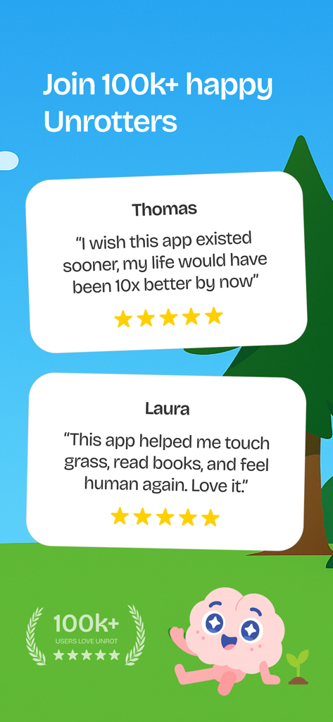 User reviews for the Unrot app showing positive feedback and the happy brain mascot