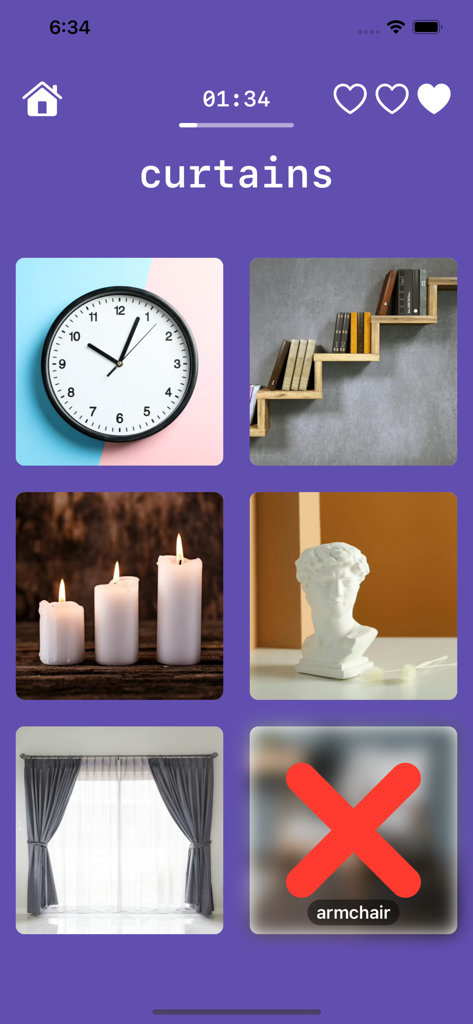 Learn English Playing Big Ben - Mobile app screen showing a vocabulary quiz to match the word curtains with the correct image