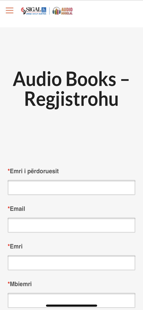 Registrierungsformular für die Sigal Hörbücher App mit Feldern für Benutzername, E-Mail, Vorname und Nachname auf Albanisch