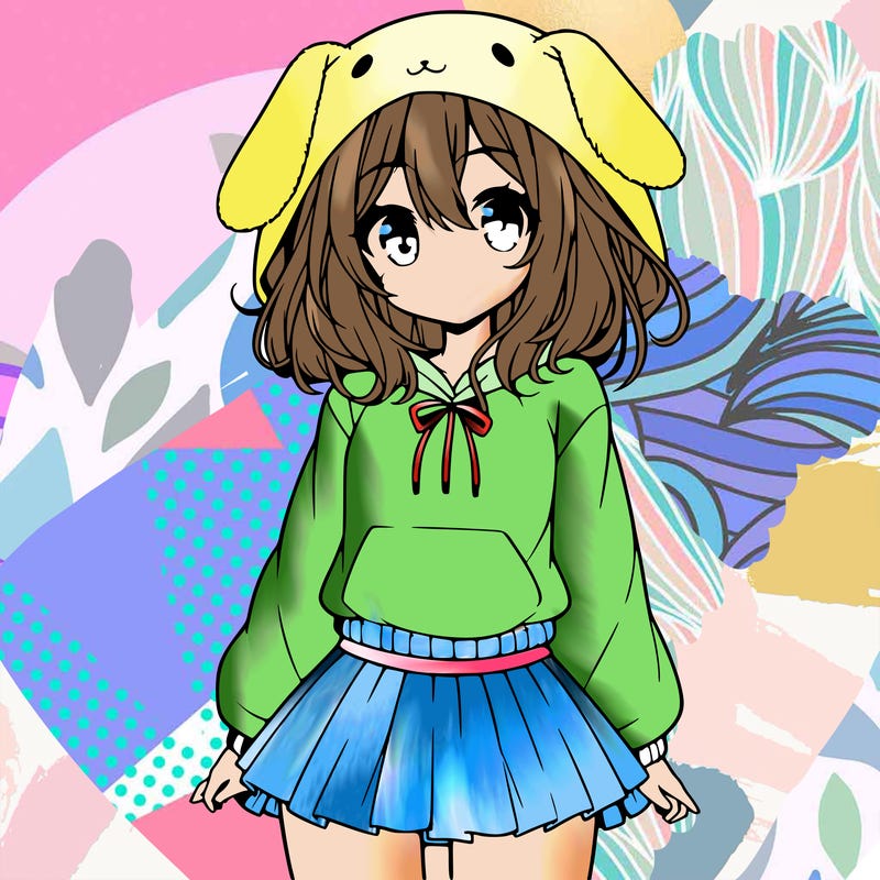 pretty anime girl wearing a fluffy hoodie with bunny ears on the hood and a skirt