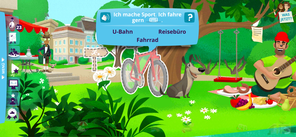 Lern Deutsch - German vocabulary game screen featuring a park scene with a multiple choice question about a bicycle
