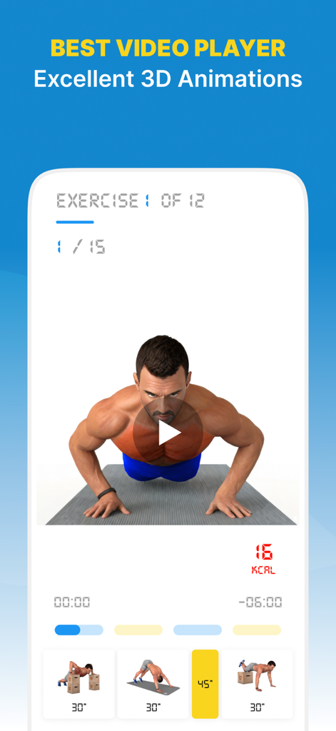 Chestify - AI Fitness Workout - Chestify app screen showing a 3D animated man performing a push up with exercise progress and calorie tracking