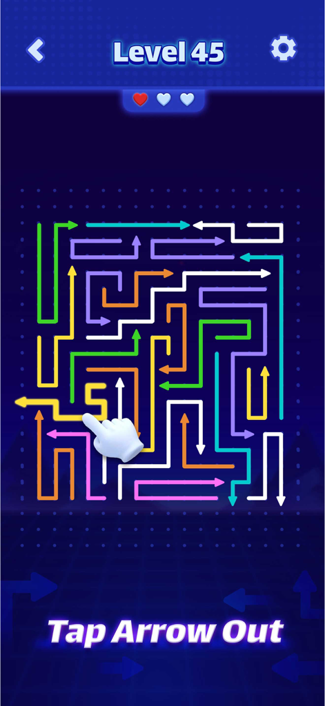 Arrow Game: Color Escape - Captura de tela do jogo Arrow Game Color Escape mostrando um labirinto de setas coloridas no nível 45 com uma mão tocando uma seta amarela