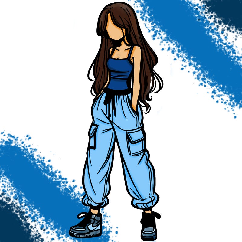 girl in baggy pants crop top and long hair