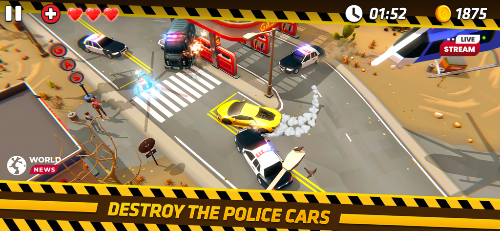 Gameplay screenshot of Police Chase Escape Road showing a yellow sports car fleeing from multiple police cruisers