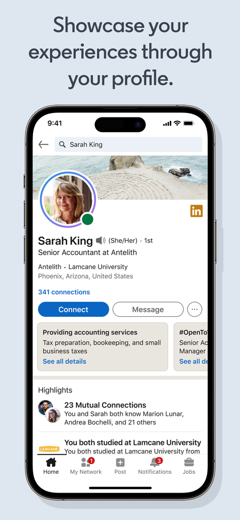 LinkedIn app interface showcasing a professional user profile with career details and networking features