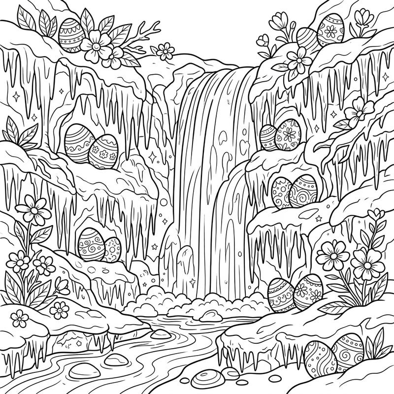 Dive into a unique blend of winter's beauty and spring's renewal with this captivating coloring page. Discover a majestic frozen waterfall intertwined with festive Easter eggs and blooming flowers, offering a delightful challenge for all ages.