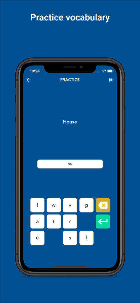 Tobo: Learn Swedish Vocabulary - A smartphone screen displaying a Swedish vocabulary practice session for the word House with a custom letter keyboard.