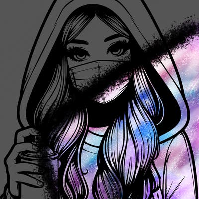 girl wearing a mask with long hair with her hood up spray-painting realistic