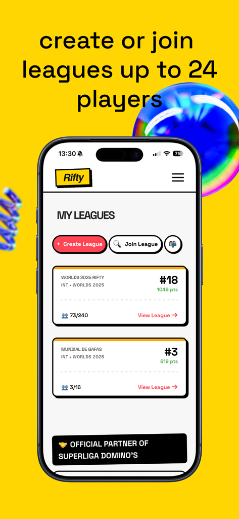 RIFTY - Interface of the Rifty app showing the My Leagues section for fantasy esports competition