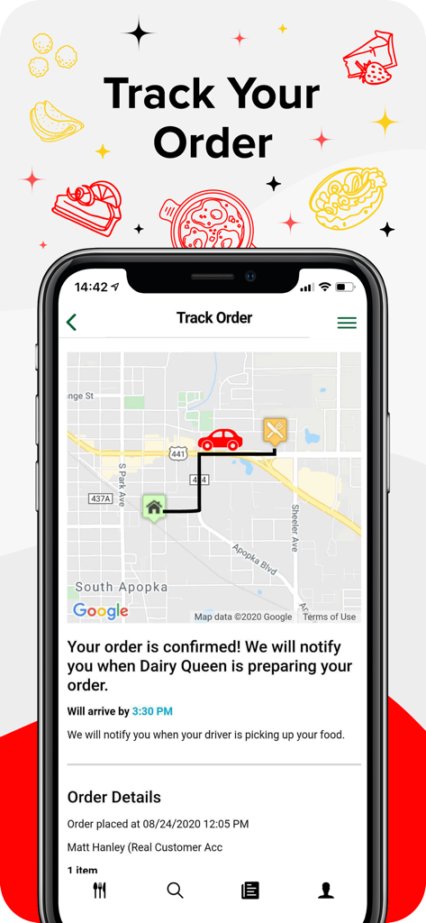 Gofadis app interface showing real-time order tracking on a map with a delivery car icon and estimated arrival time.