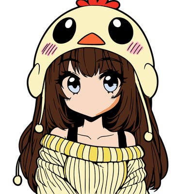 anime girl with chick shaped hat with sweater with bare shoulders with bangs covering them one eye with low tail