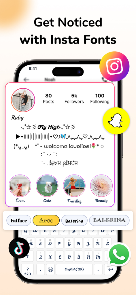 Font & Emoji Keyboard: FotoAI - Tela de smartphone mostrando um perfil de mídia social estético com fontes e símbolos personalizados ao lado de várias opções de estilo de fonte como Fatface e Balerina