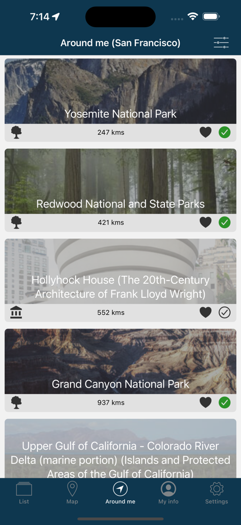 World Heritage - UNESCO List - The Around Me feature of the World Heritage app showing nearby UNESCO sites like Yosemite and Grand Canyon National Parks