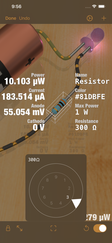 iCircuit 3D - Uma simulação 3D de um circuito eletrônico no iCircuit 3D mostrando dados técnicos em tempo real e um mostrador de ajuste de resistência para um resistor.