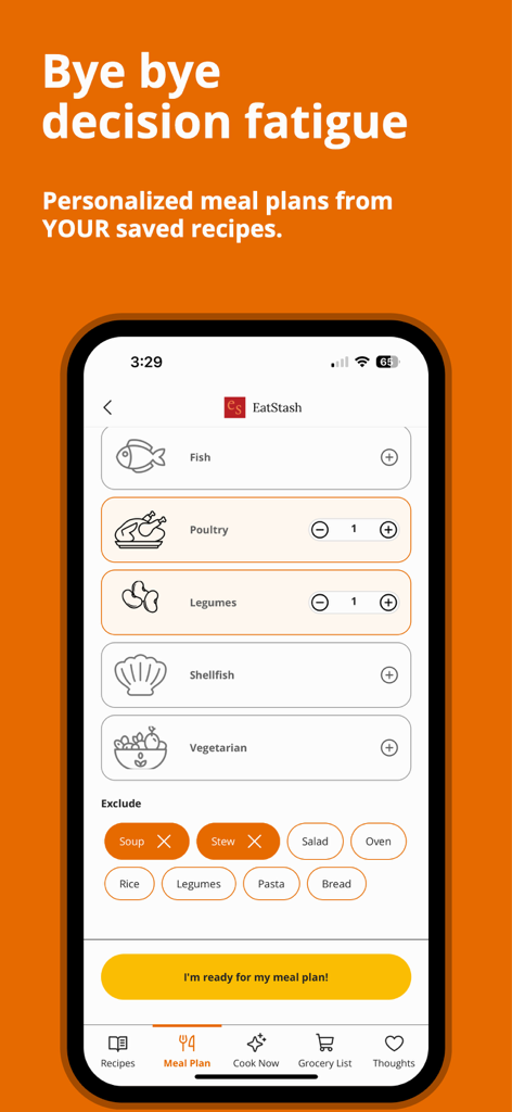 EatStash app interface for generating a personalized meal plan by selecting recipe categories and excluding specific meal types