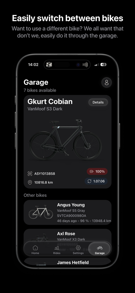 MoofMate - MoofMate app Garage interface showing a list of connected VanMoof e-bikes with battery and distance data
